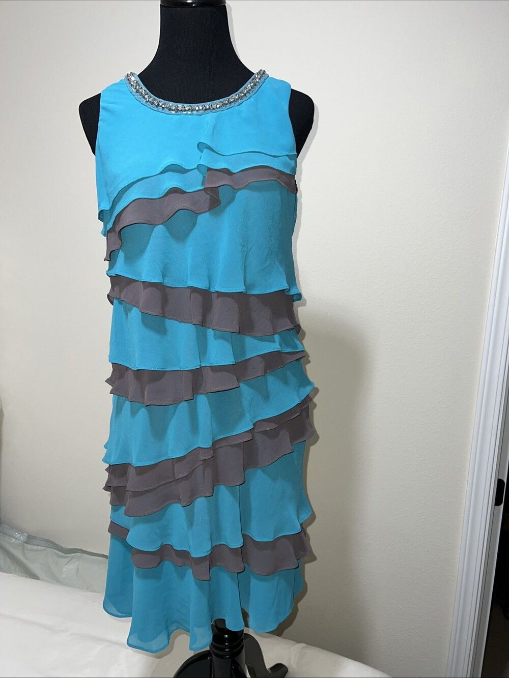 COMPAGNA Korean Dress Tiered Layered Teal Gray Rhinestones Lined Sz 55 US S